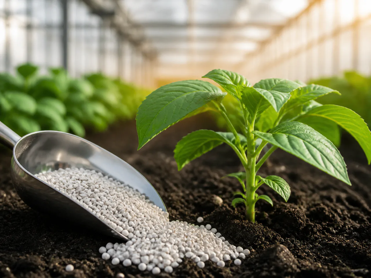 Fertilizer granules beside a young greenhouse crop
